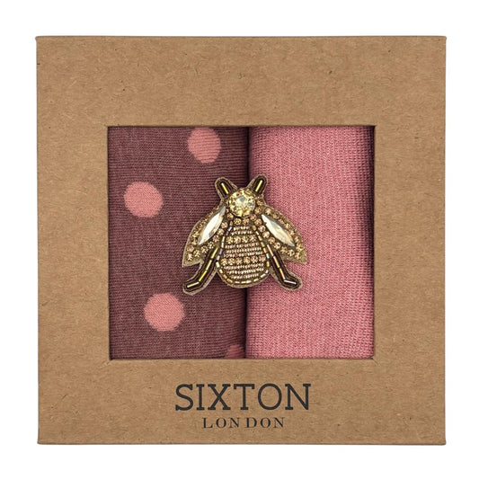 Pink Porto & Pale Pink Tokyo sock box duo with embroidered brooch