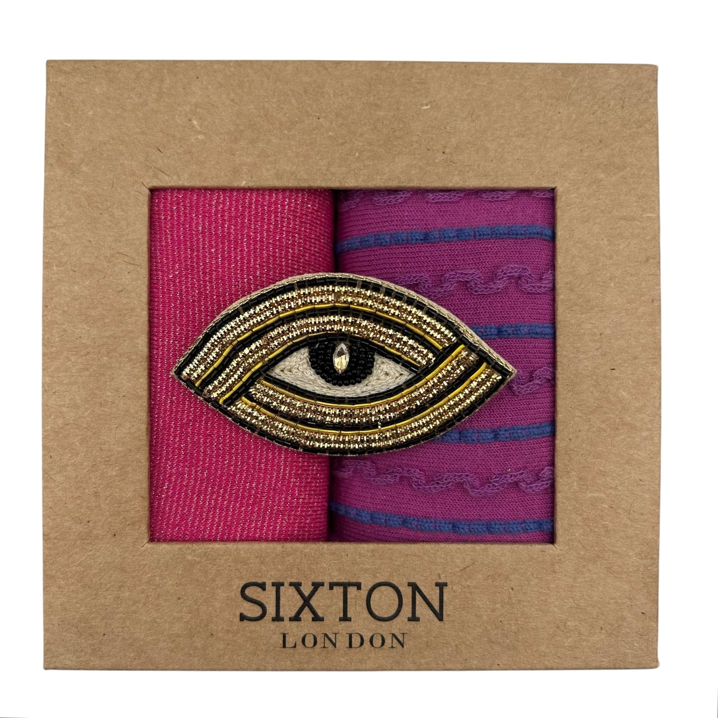 Pink Tokyo & Purple Lyon sock box duo with embroidered brooch