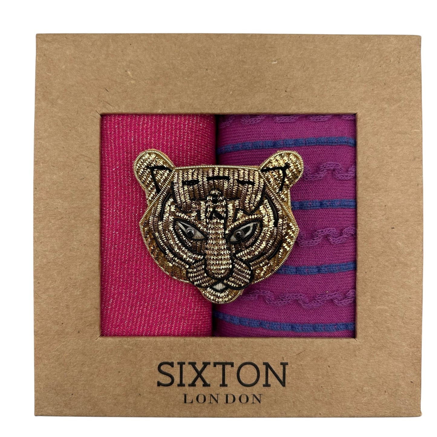 Pink Tokyo & Purple Lyon sock box duo with embroidered brooch