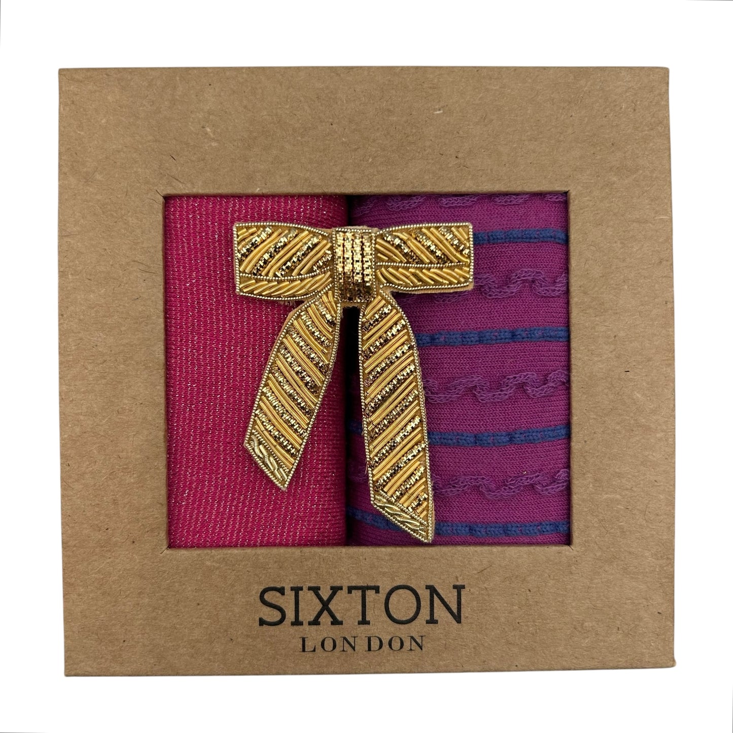 Pink Tokyo & Purple Lyon sock box duo with embroidered brooch