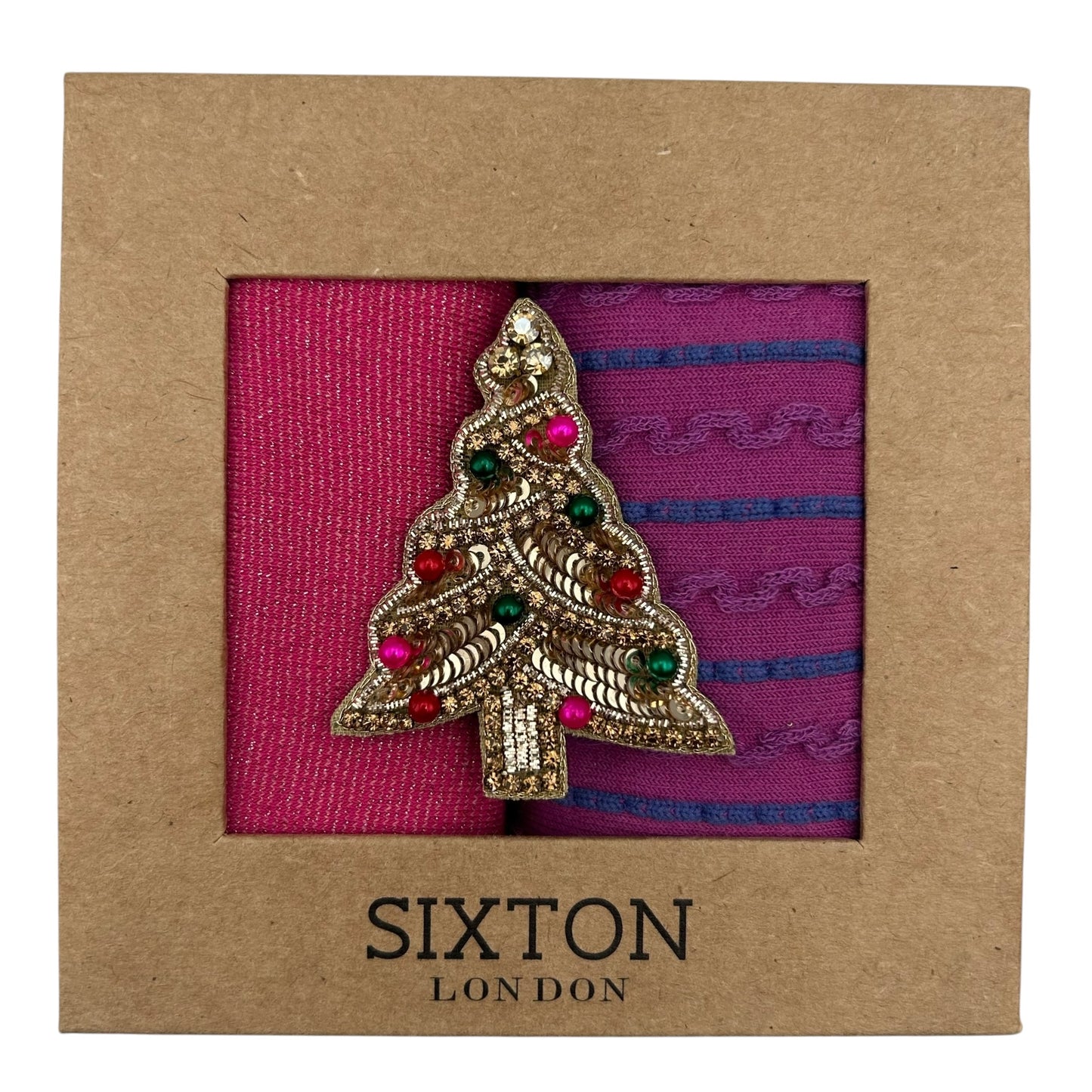 Pink Tokyo & Purple Lyon sock box duo with embroidered brooch