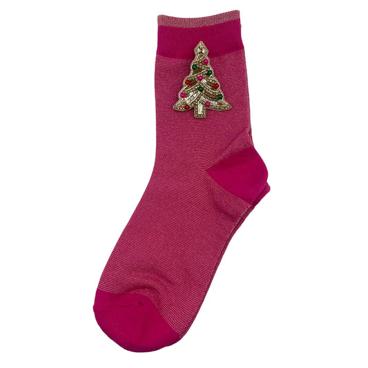 Tokyo socks in bright pink with a kitsch tree brooch