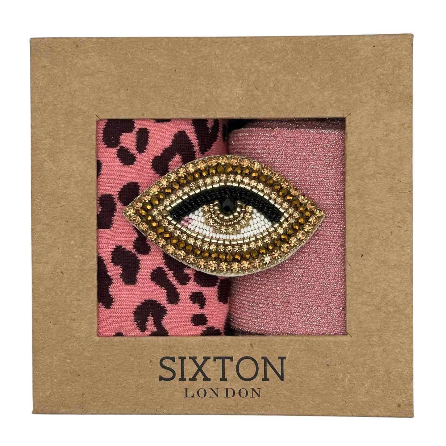 Pink Leopard & Pale Pink Vegas sock box duo with embroidered brooch