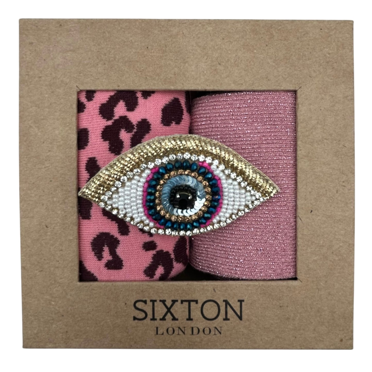 Pink Leopard & Pale Pink Vegas sock box duo with embroidered brooch