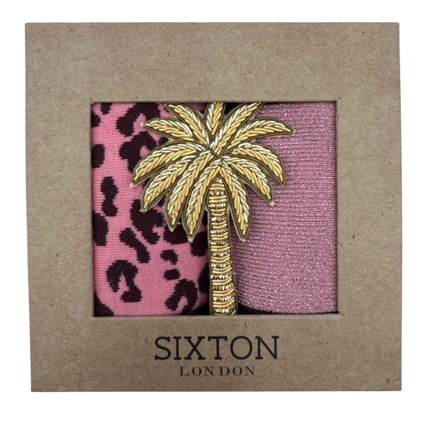 Pink Leopard & Pale Pink Vegas sock box duo with embroidered brooch
