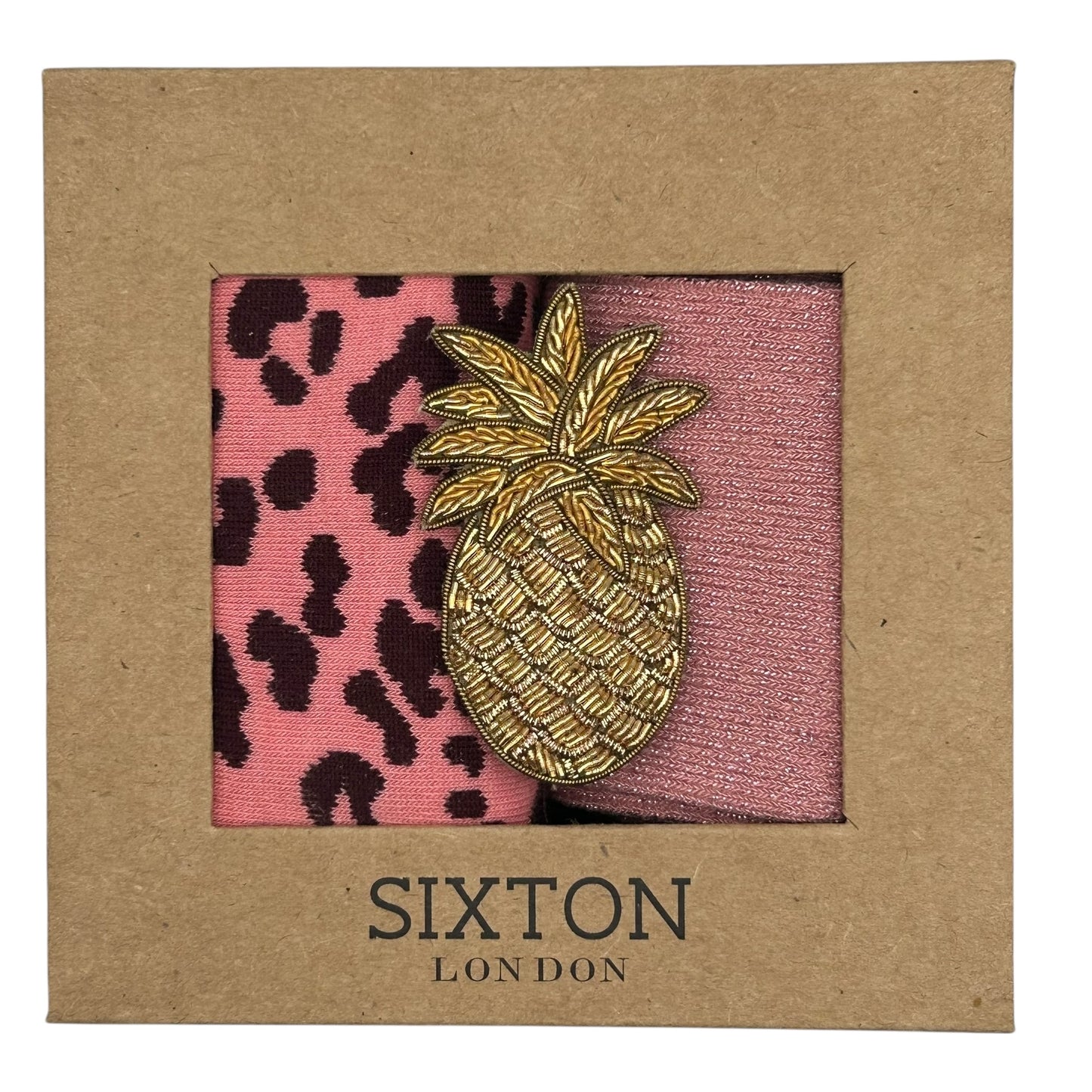 Pink Leopard & Pale Pink Vegas sock box duo with embroidered brooch