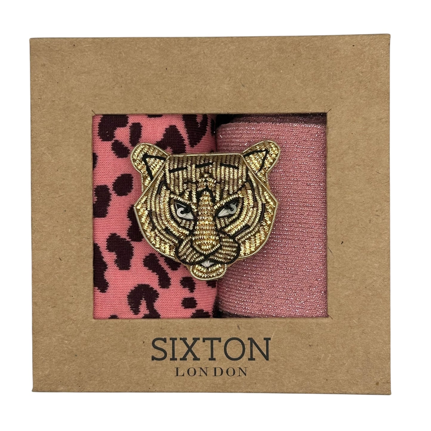 Pink Leopard & Pale Pink Vegas sock box duo with embroidered brooch