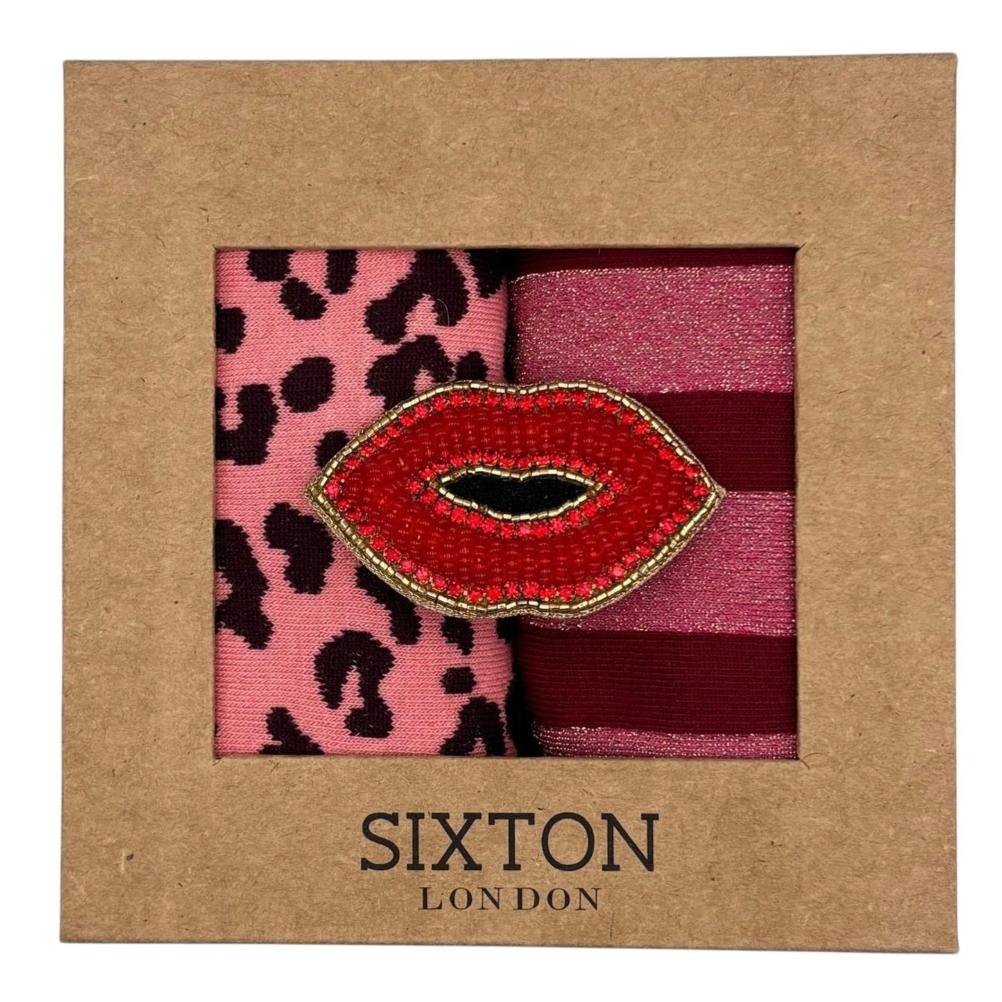 Red Berlin & Pink Leopard sock box duo with embroidered brooch