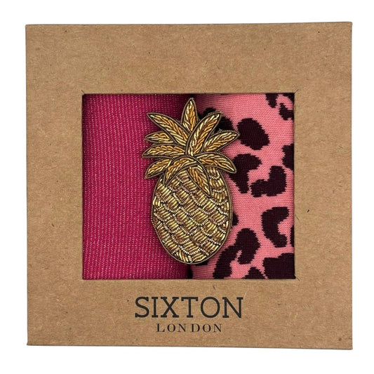 Pink Tokyo & Pink Leopard sock box duo with embroidered brooch