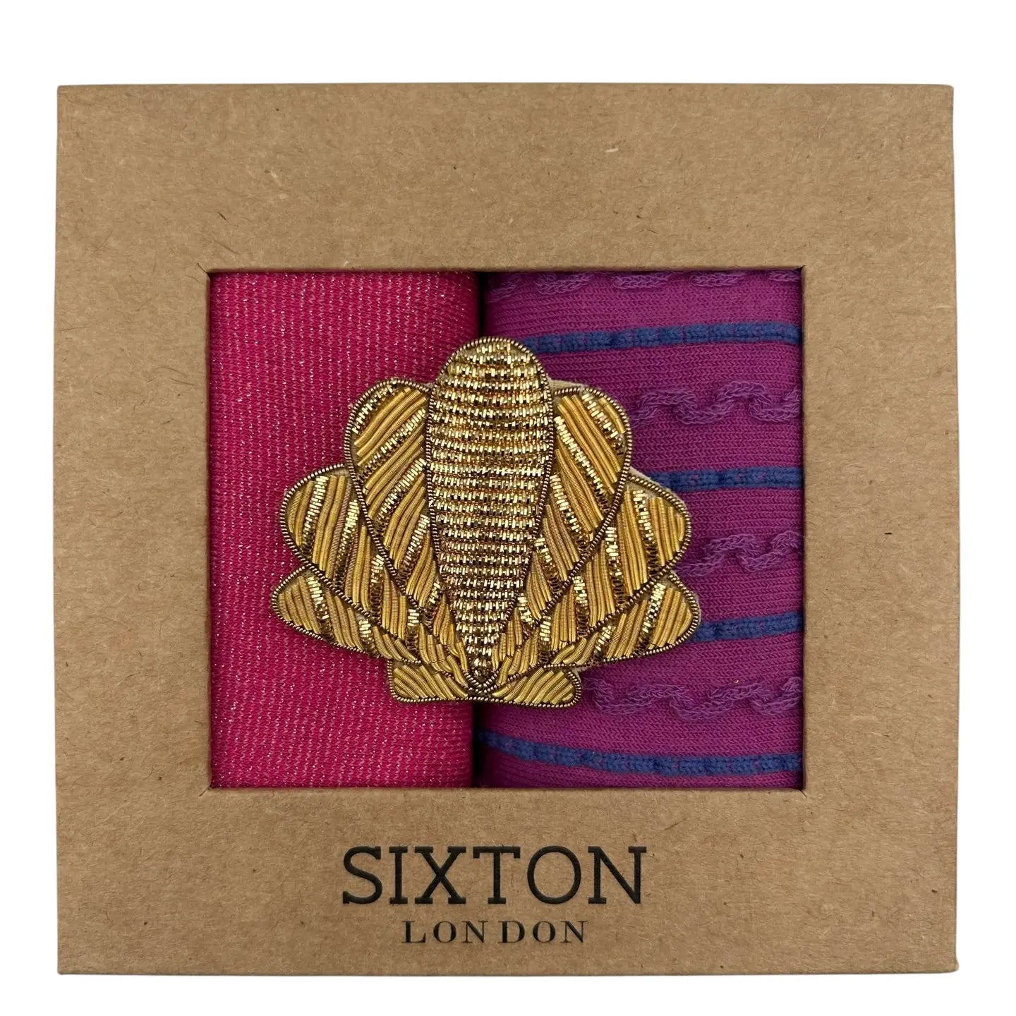 Pink Tokyo & Purple Lyon sock box duo with embroidered brooch