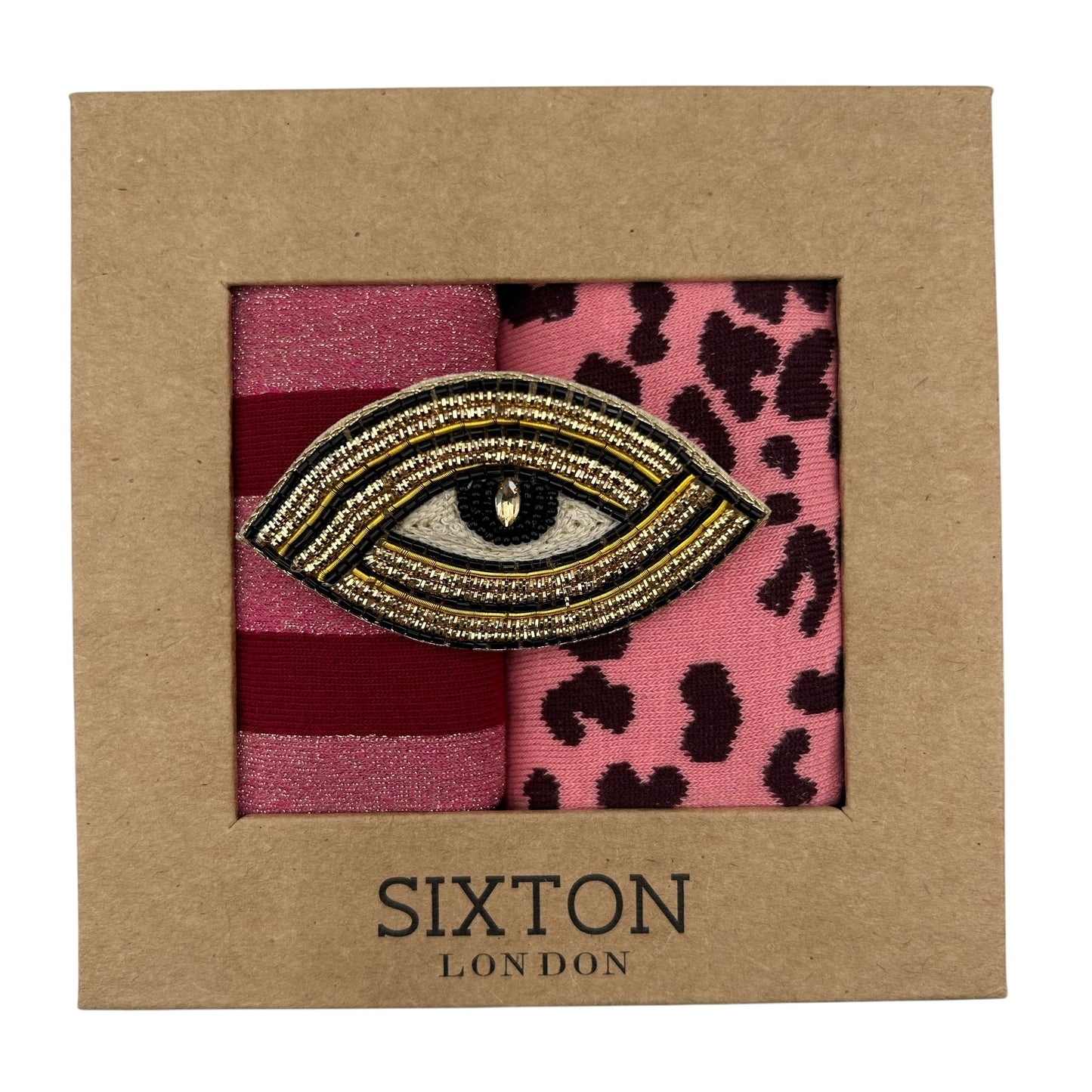 Red Berlin & Pink Leopard sock box duo with embroidered brooch