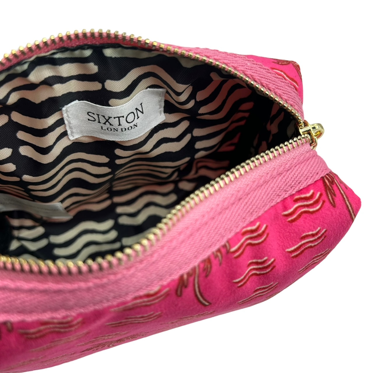 Pink palm large make-up bag & tiger brooch - recycled velvet, large and small
