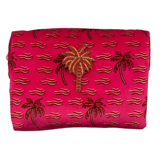 Pink palm large make-up bag & coral palm  brooch - recycled velvet, large and small