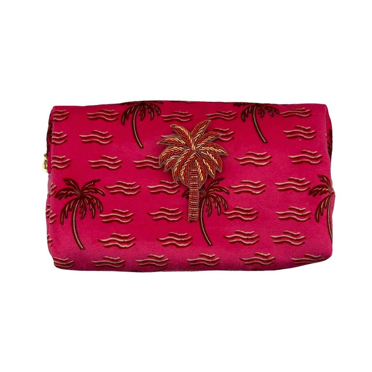 Pink palm large make-up bag & coral palm  brooch - recycled velvet, large and small