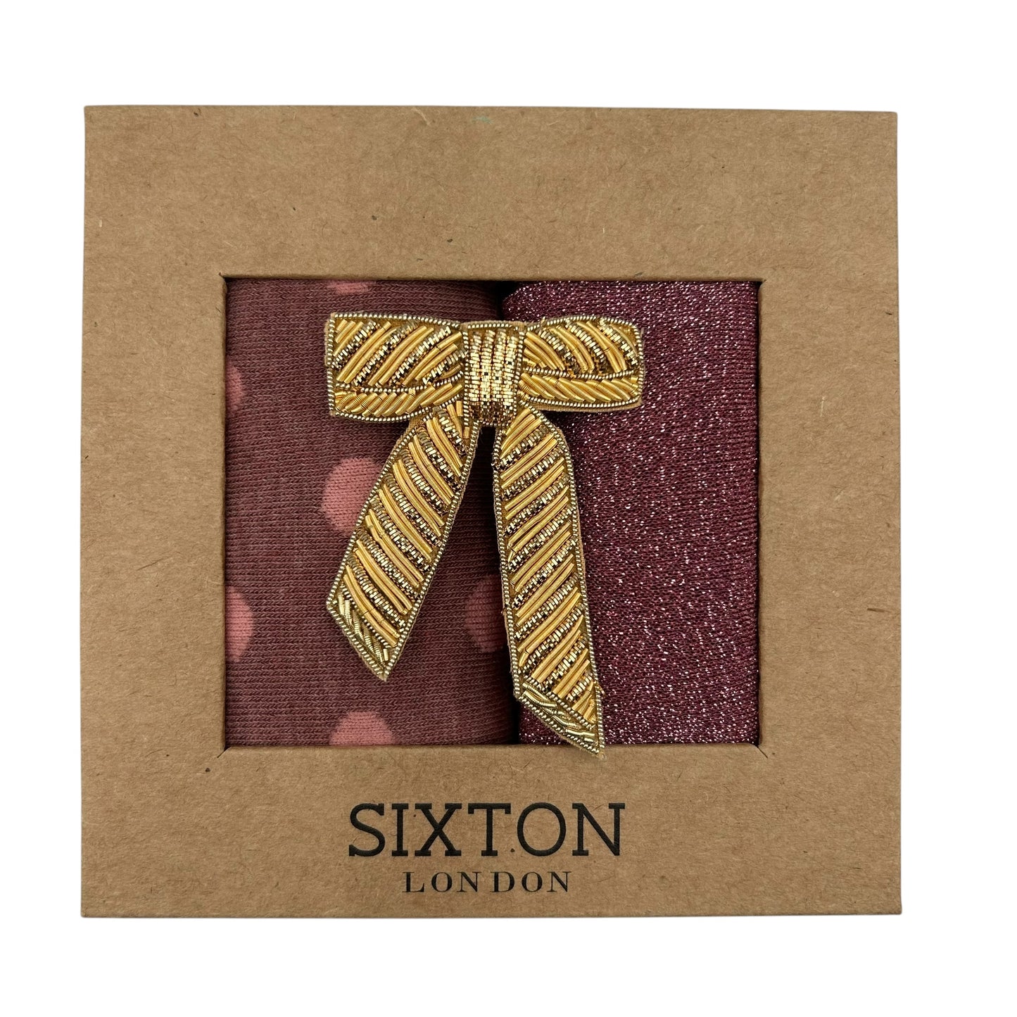 Pink Porto &  Rio sock box duo with an embroidered brooch