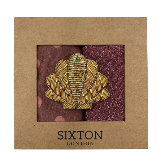 Pink Porto &  Rio sock box duo with an embroidered brooch