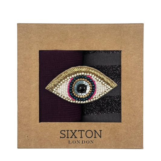 Purple Barcelona & Berlin sock box duo with embroidered brooch