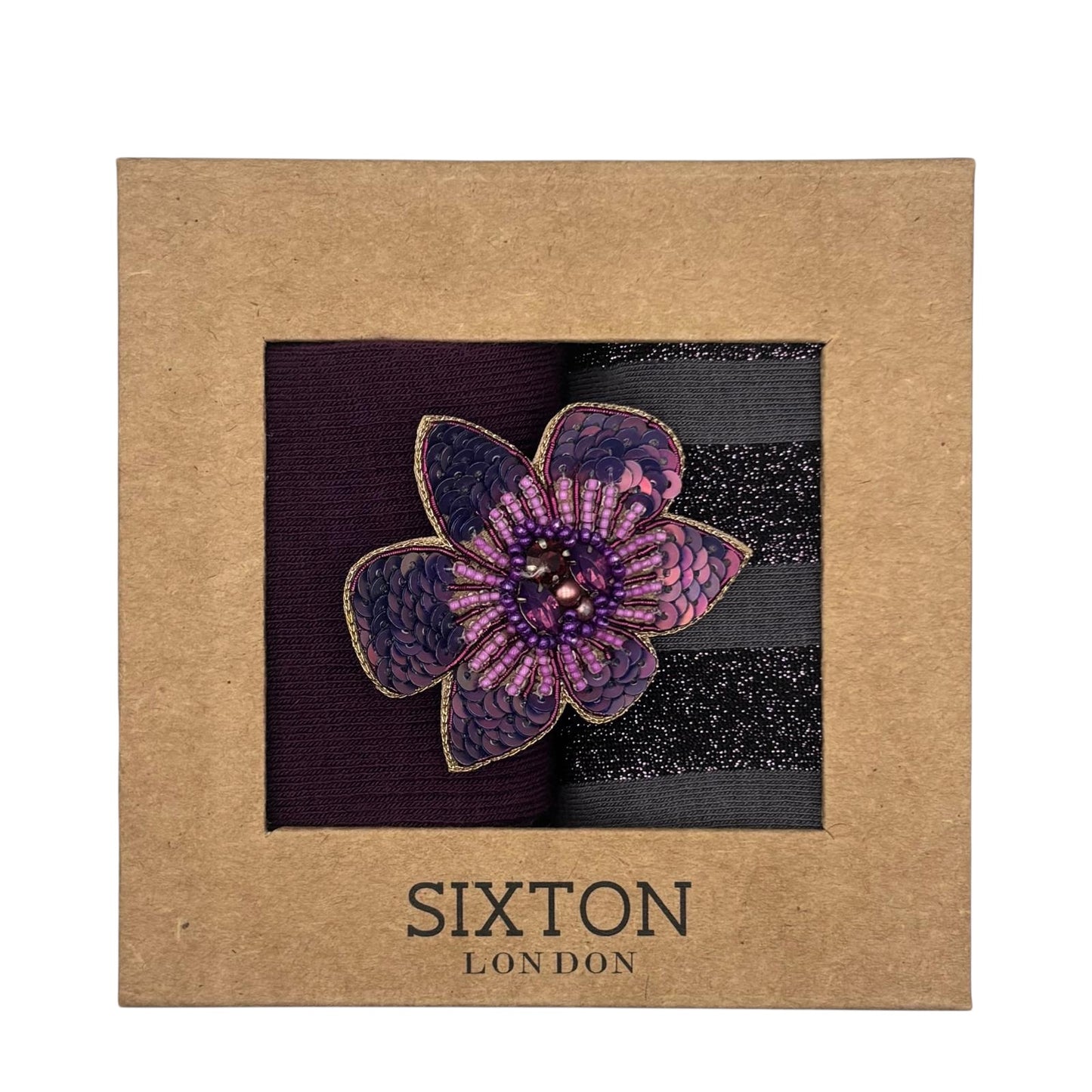 Purple Barcelona & Berlin sock box duo with embroidered brooch