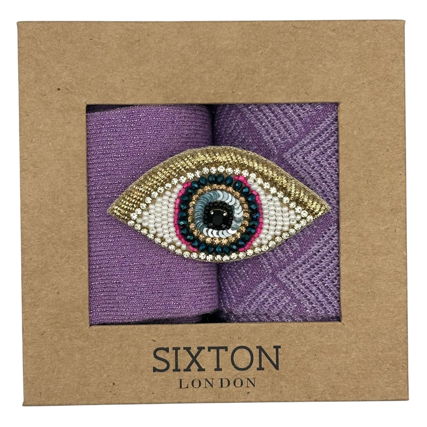 Purple Vegas & Paris sock box duo with embroidered brooch