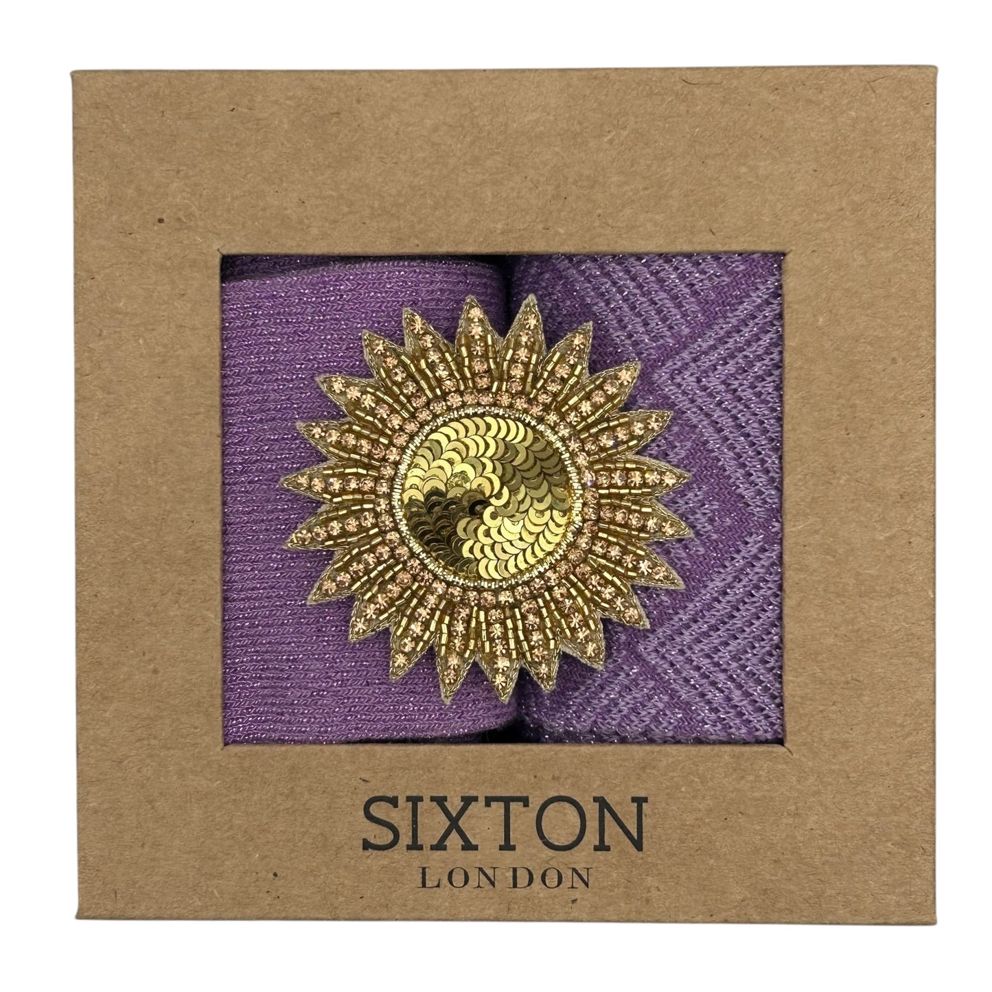 Purple Vegas & Paris sock box duo with embroidered brooch