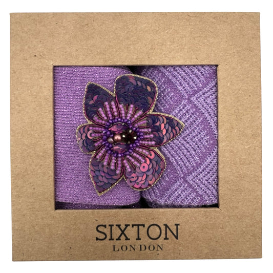 Purple Vegas & Paris sock box duo with embroidered brooch