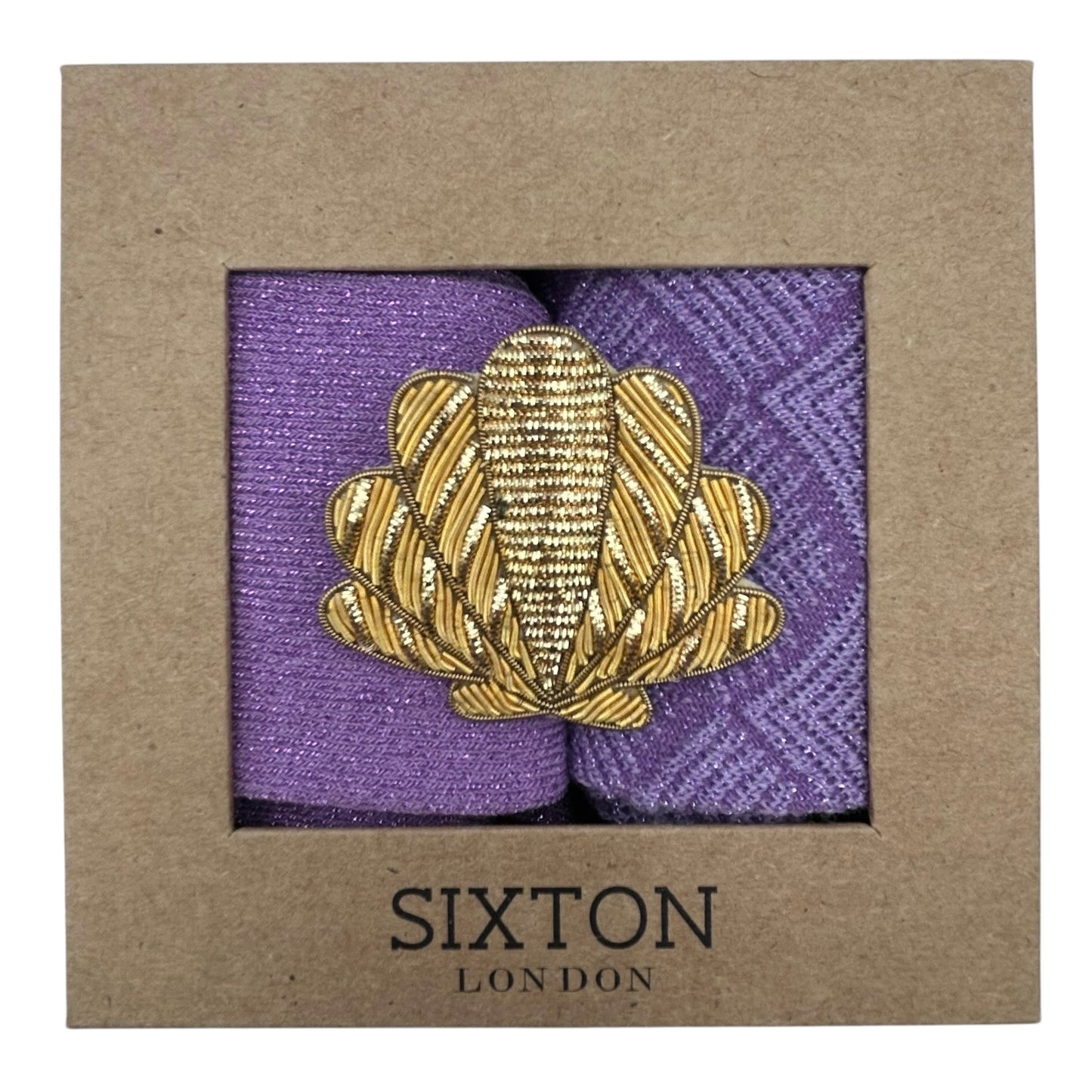 Purple Vegas & Paris sock box duo with embroidered brooch