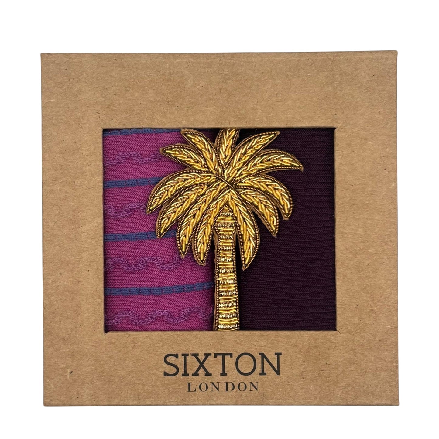 Purple Barcelona & Lyon sock box duo with embroidered brooch