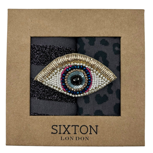 Charcoal Leopard & Purple Berlin sock box duo with pin
