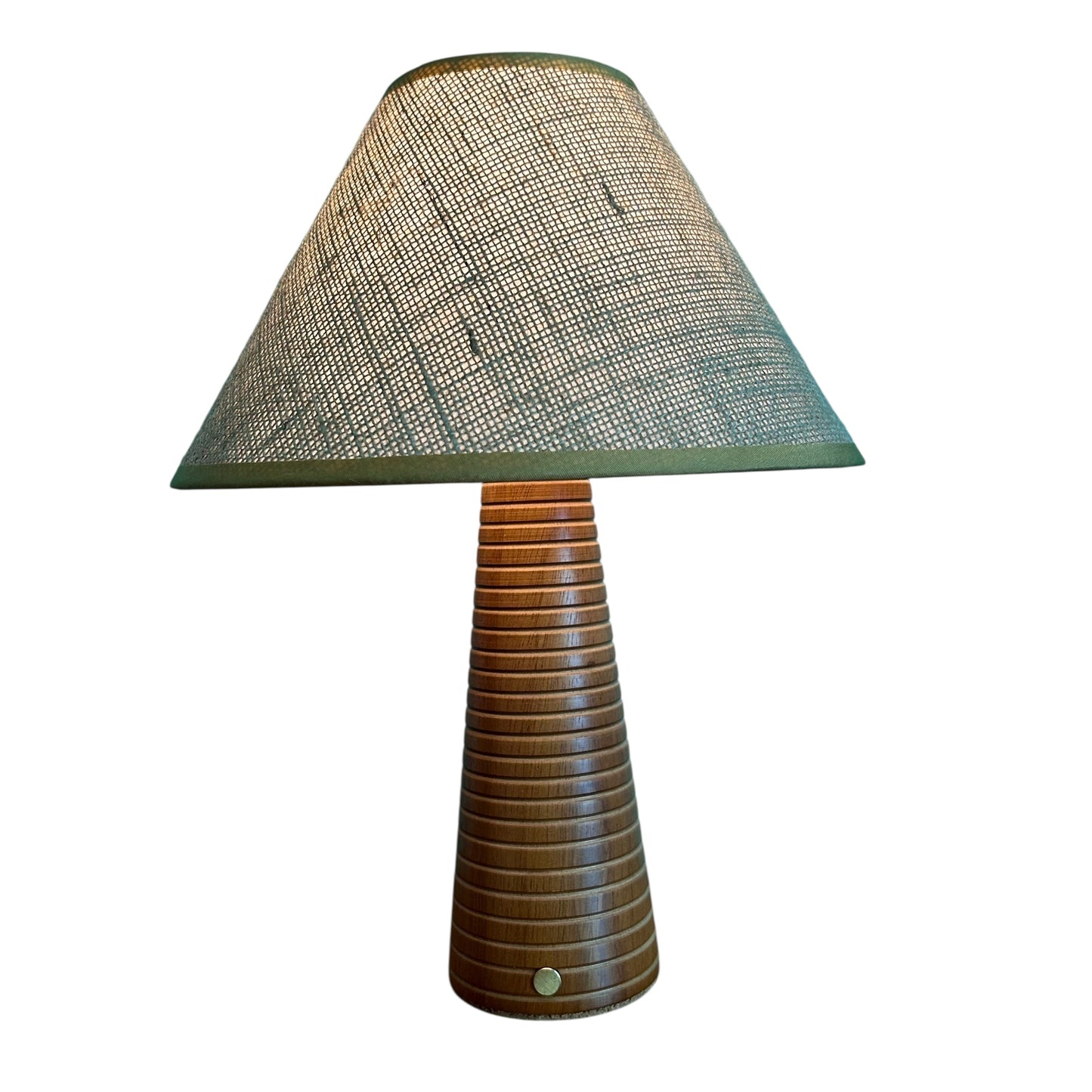 Ribbed Teak style rechargeable touch lamp with hessian shade