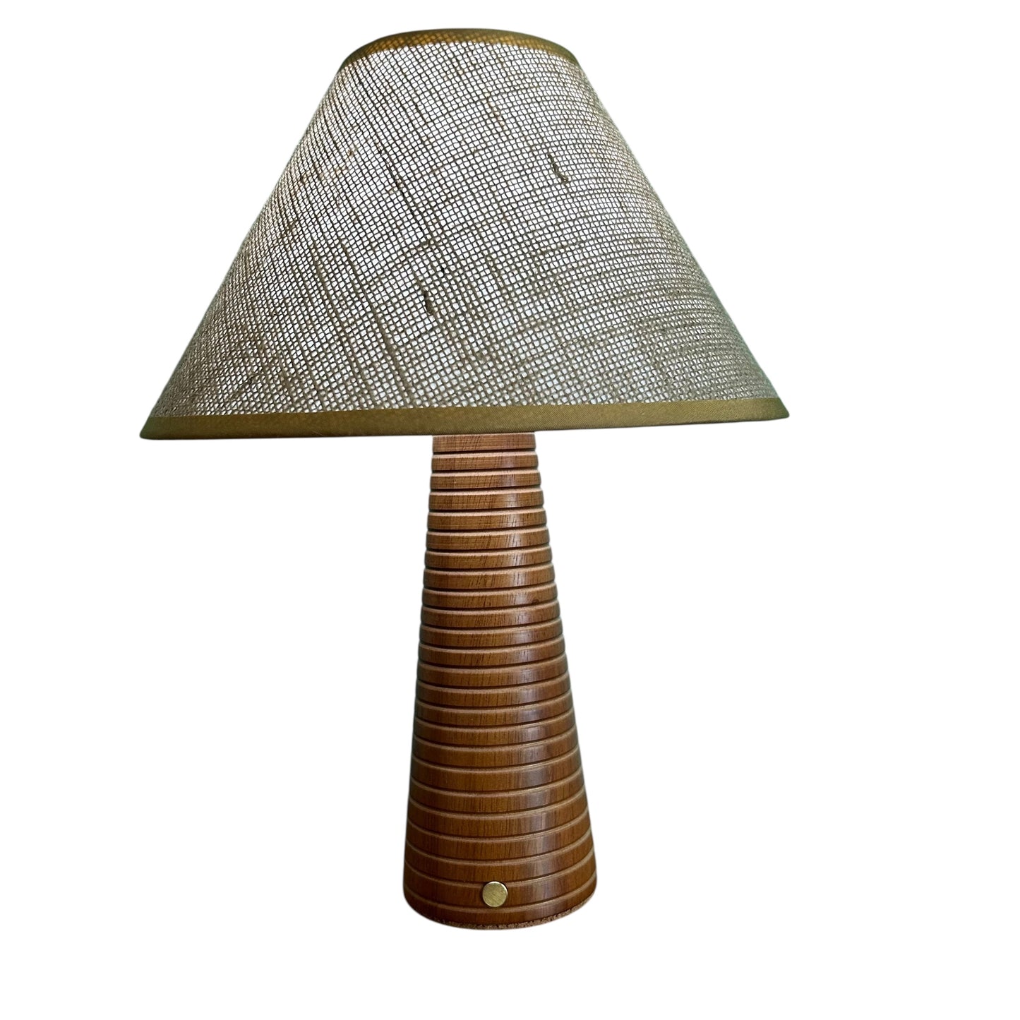 Ribbed Teak style rechargeable touch lamp with hessian shade