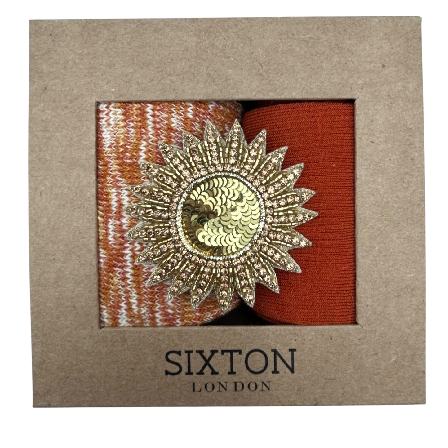 Rust Fargo & Rust Barcelona sock box duo with embroidered brooch