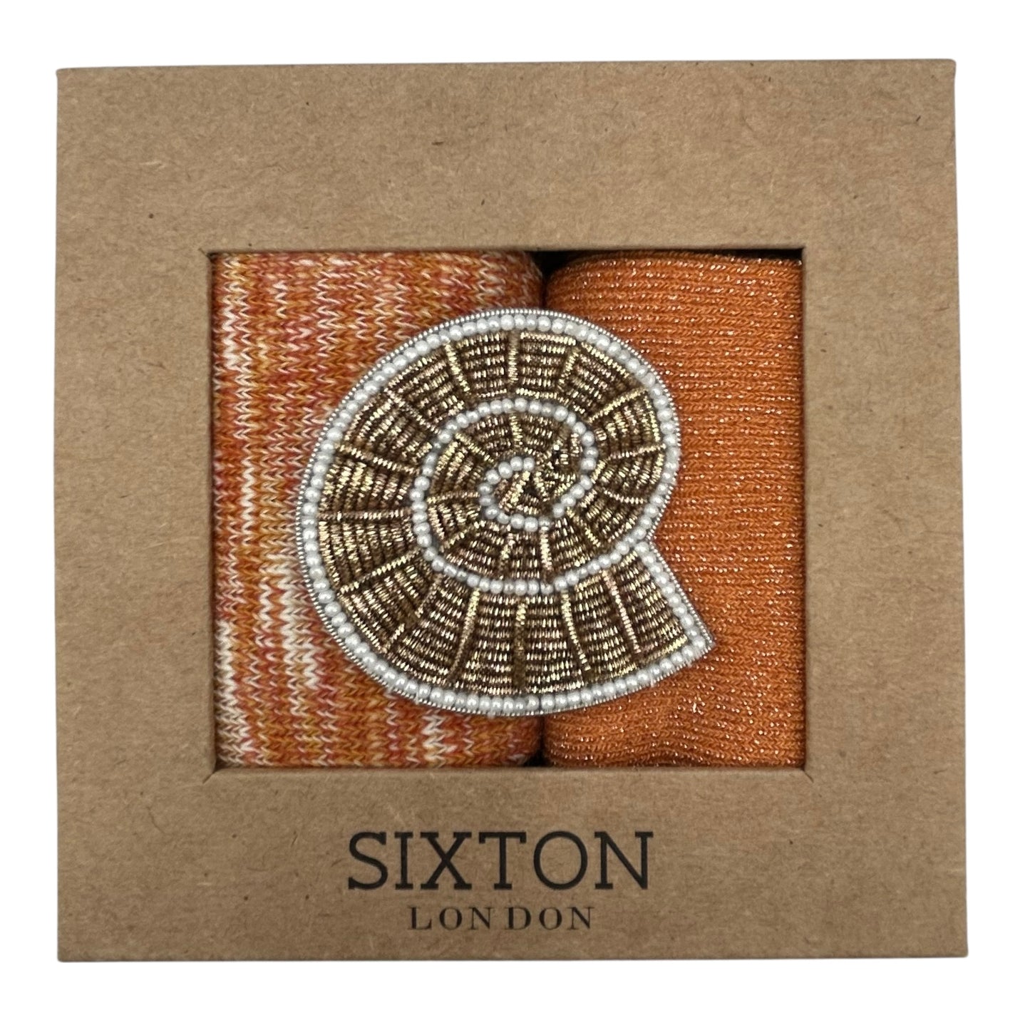Rust Fargo & Orange Vegas sock box duo with embroidered brooch