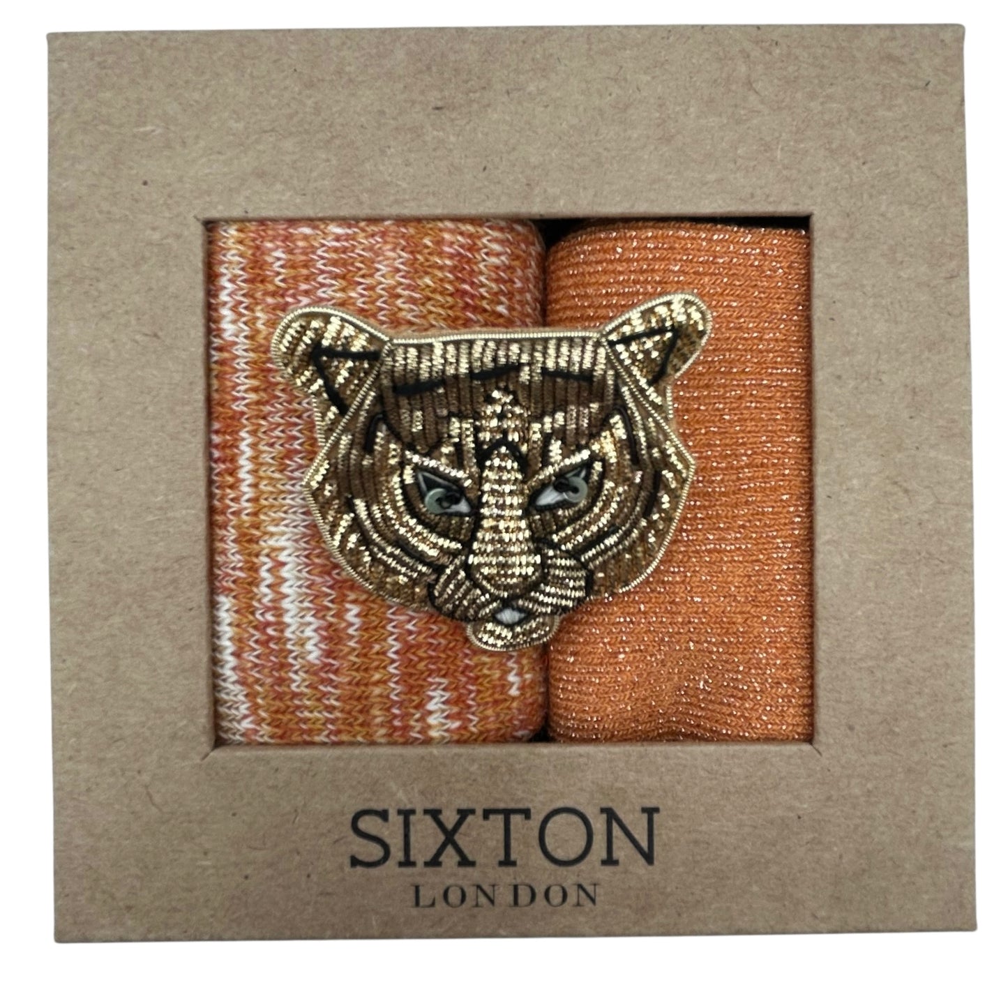 Rust Fargo & Orange Vegas sock box duo with embroidered brooch