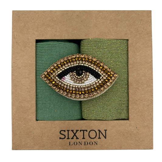 Sage Sienna & Pistachio Vegas sock box duo with embroidered brooch