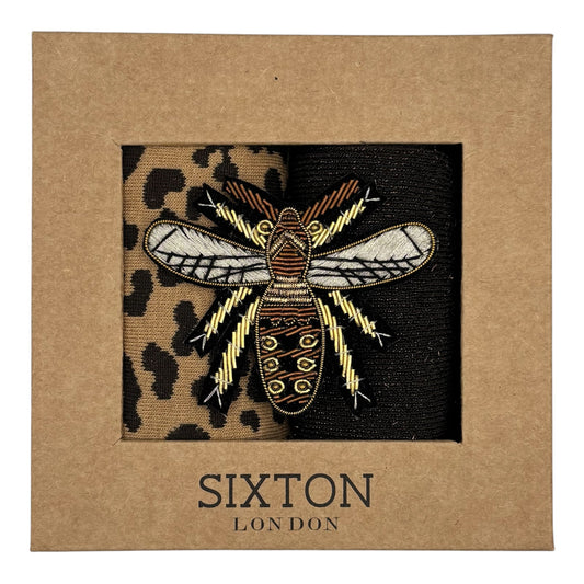 Sand Leopard & Brown Vegas sock box duo with brooch