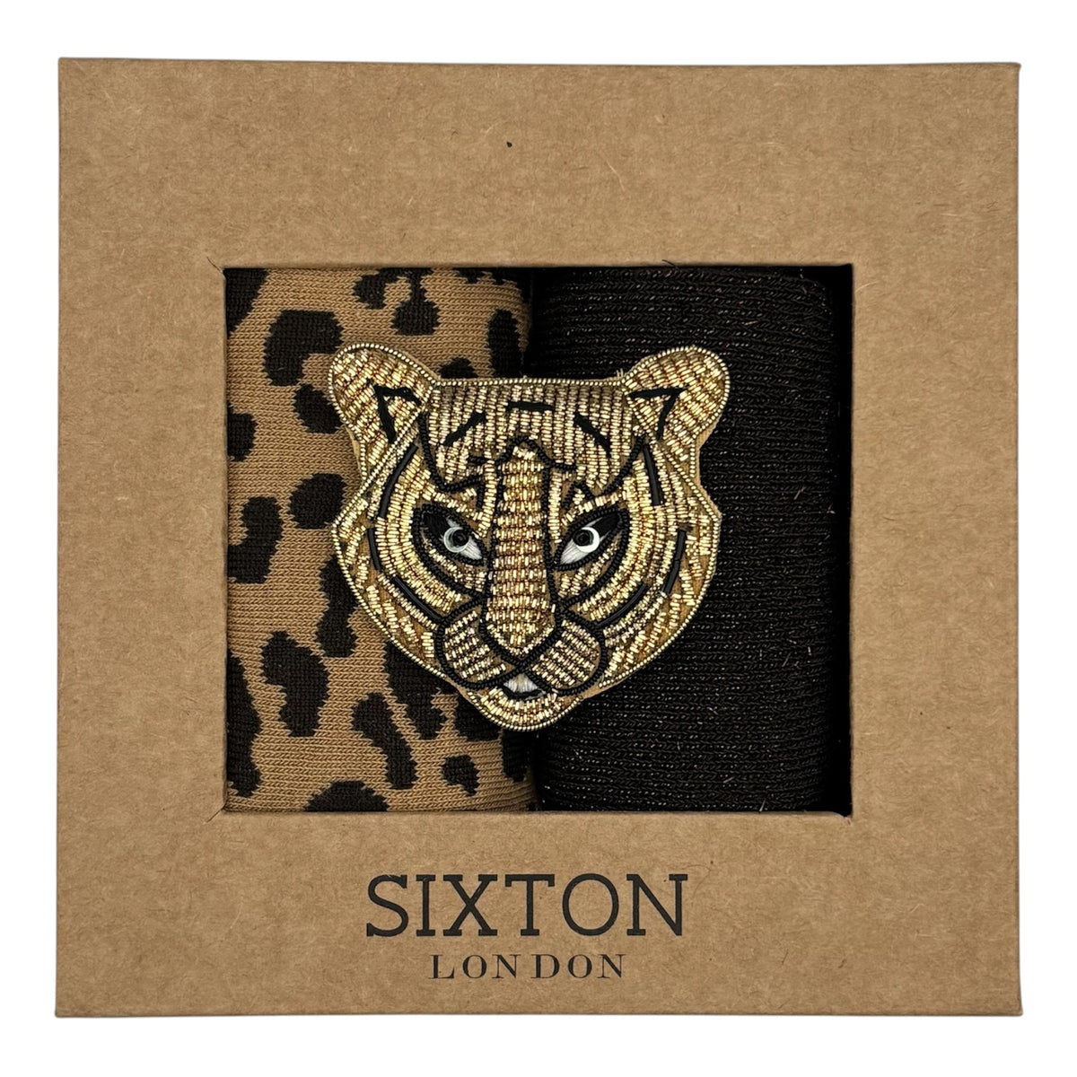 Sand Leopard & Brown Vegas sock box duo with brooch