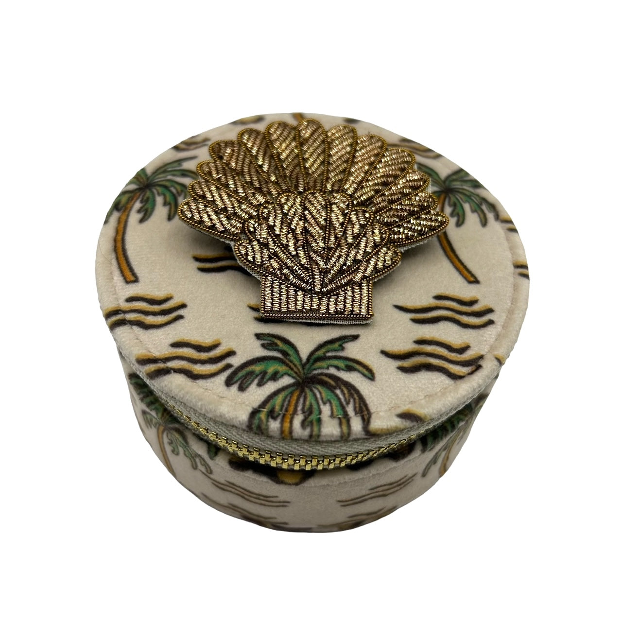 Jewellery travel pot in sand palm print with a gold shell brooch