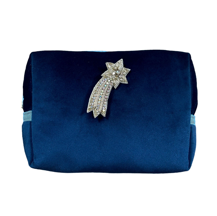 Blue make-up bag & shooting star pin - recycled velvet