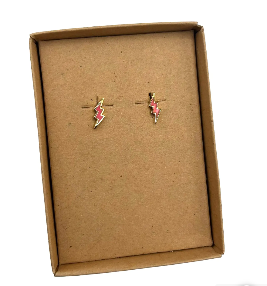 Coral enamelled lightning bolt earrings