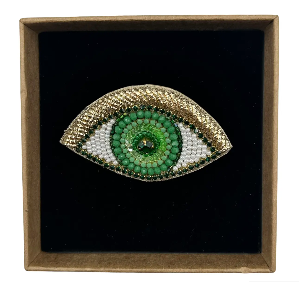 Green beaded eye brooch / pin