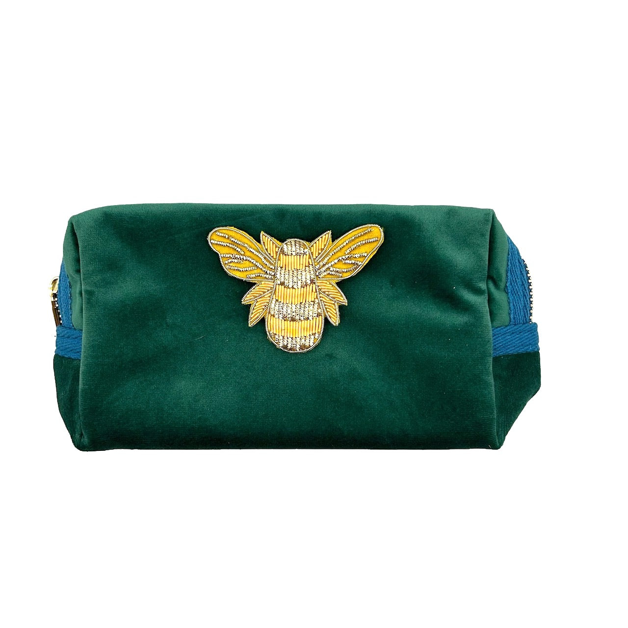 Green make-up bag & gold bee pin - recycled velvet