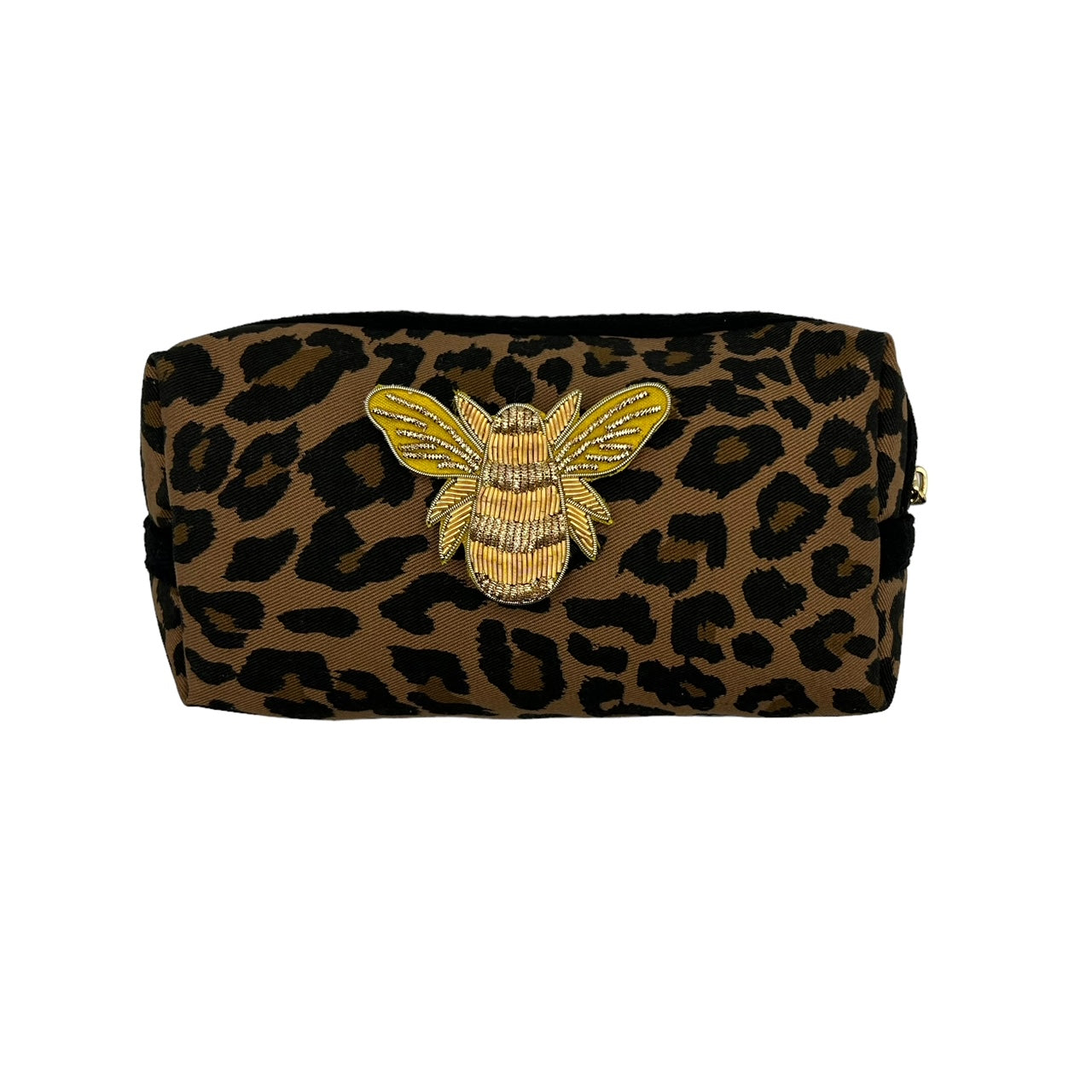 Leopard print make-up bag, large and small, with a gold bee brooch