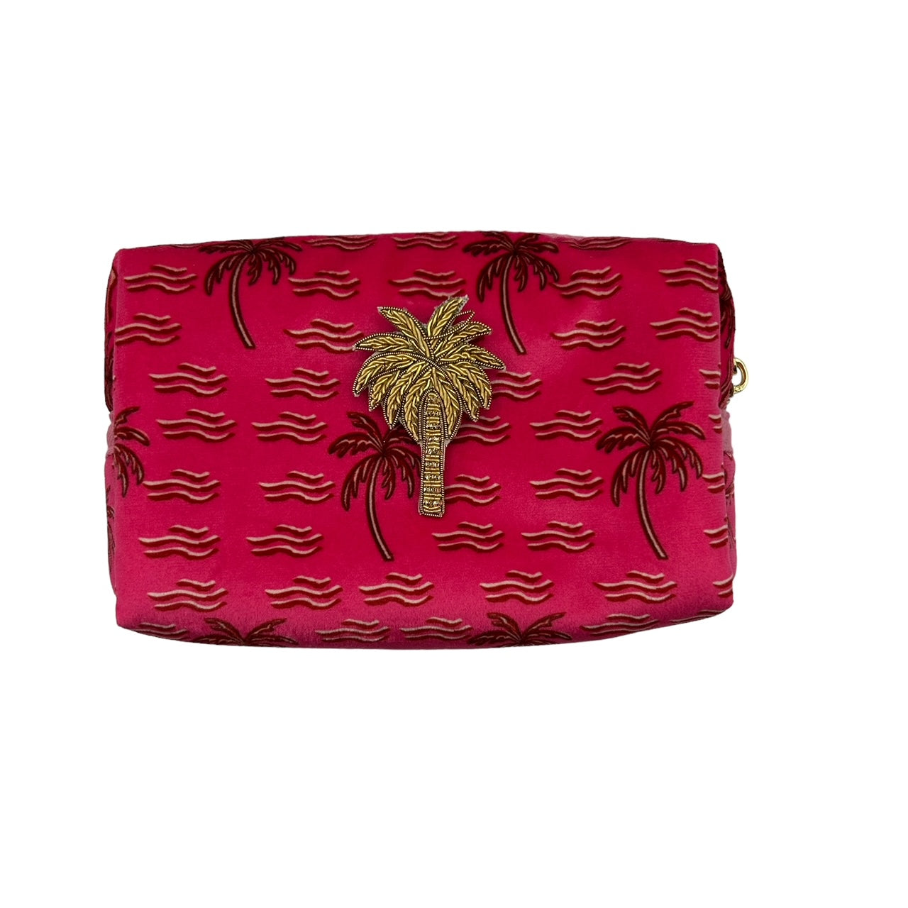 Pink palm tree make-up bag & palm brooch - recycled velvet, large and small