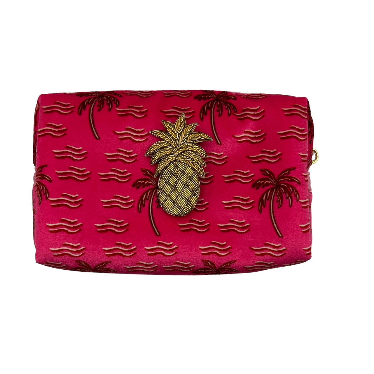 Pink palm large make-up bag & pineapple  brooch - recycled velvet, large and small