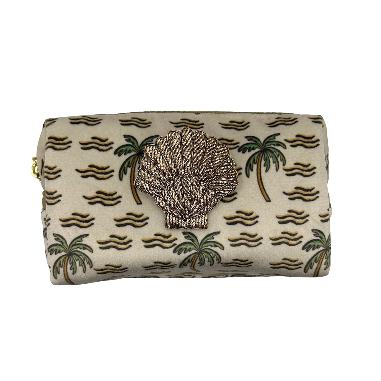 Sand palm make-up bag & gold shell brooch - recycled velvet, large and small