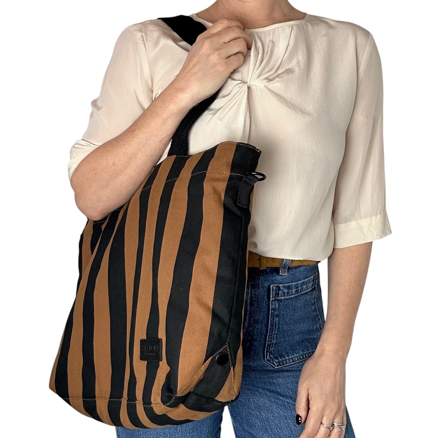 Striped brown & black tote bag - small