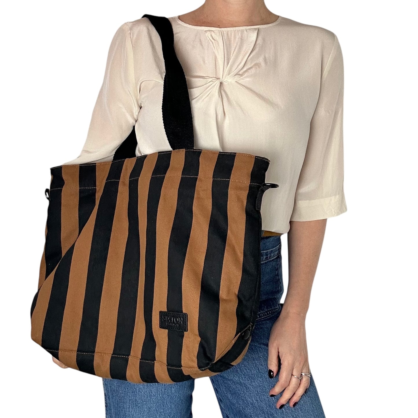 Striped brown & black tote bag - small