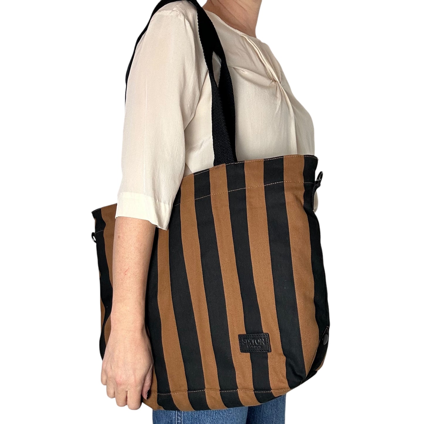 Striped brown & black tote bag - small