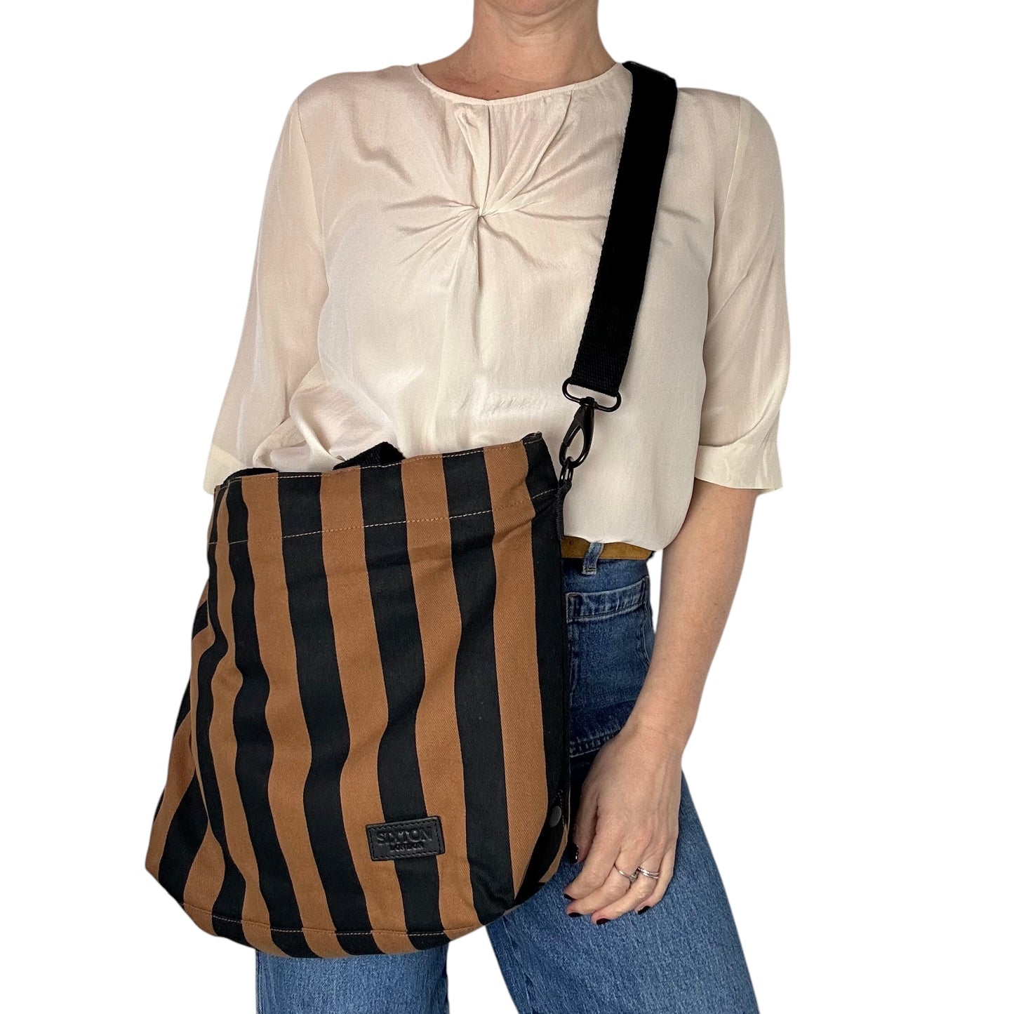 Striped brown & black tote bag - small