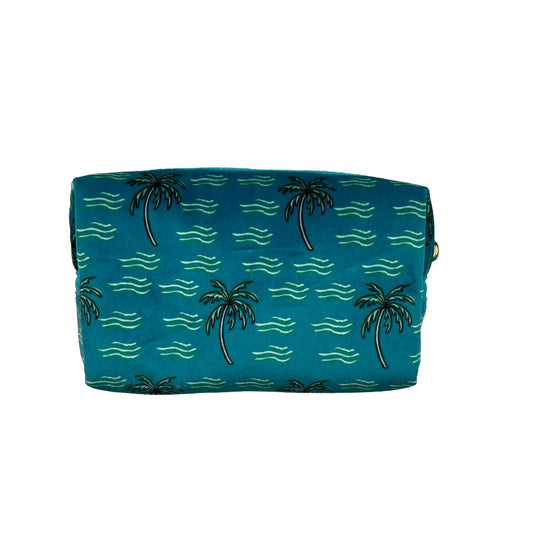 Teal palm tree makeup bag - recycled velvet